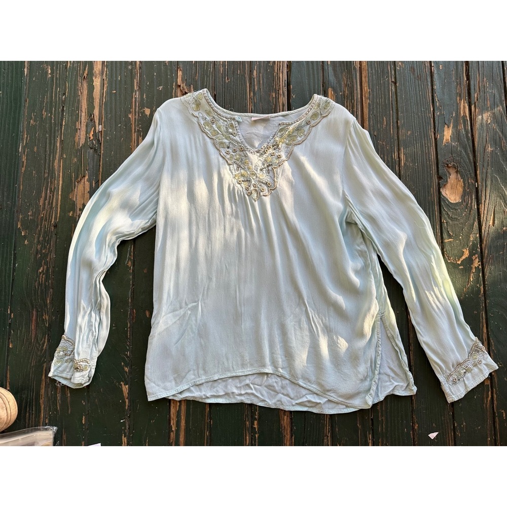 White Stag Beaded V Neck Tunic Top Women Light Blue Long Sleeve Casual